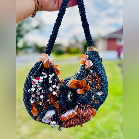 Navy Floral Sequin & Beaded Statement Shoulder Bag – Rare Viral Find ✨ - Picture 12 of 13